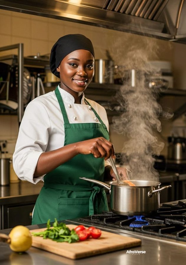 Une cuisinière souriante prépare un plat dans sa cuisine
